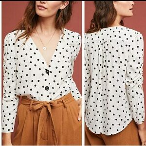 Maeve Anthropologie Polka Dot Button Front Blouse Black White Size Small